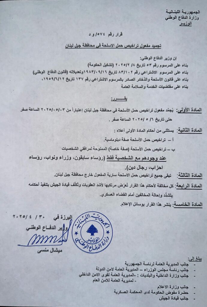 تجميد مفعول حمل الاسلحة في محافظة جبل لبنان تجميد مفعول حمل الاسلحة في محافظة جبل لبنان