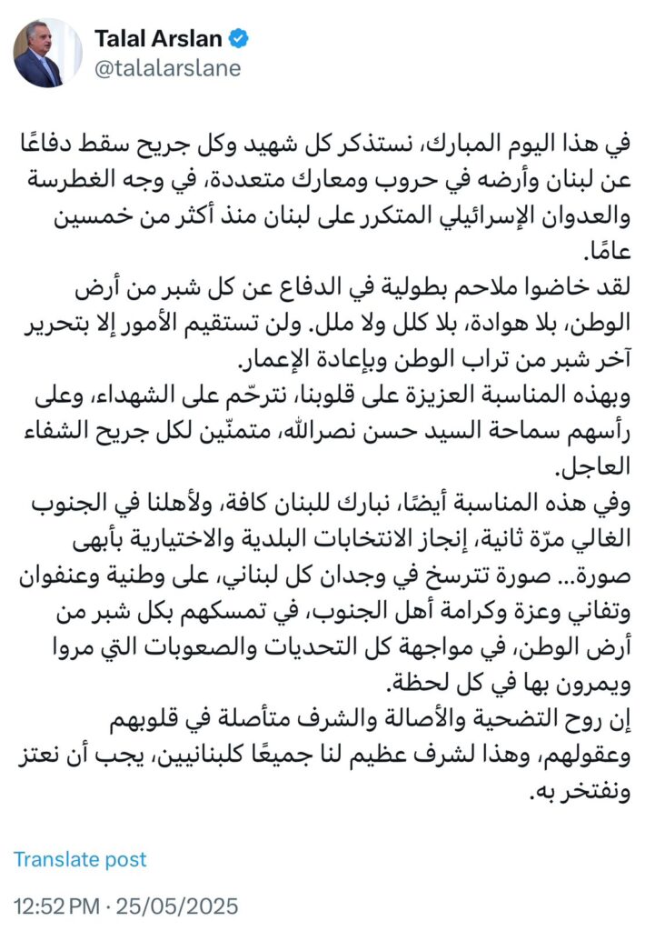 أرسلان: لن تستقيم الأمور إلا بتحرير آخر شبر من تراب الوطن وبإعادة الإعمار أرسلان: لن تستقيم الأمور إلا بتحرير آخر شبر من تراب الوطن وبإعادة الإعمار